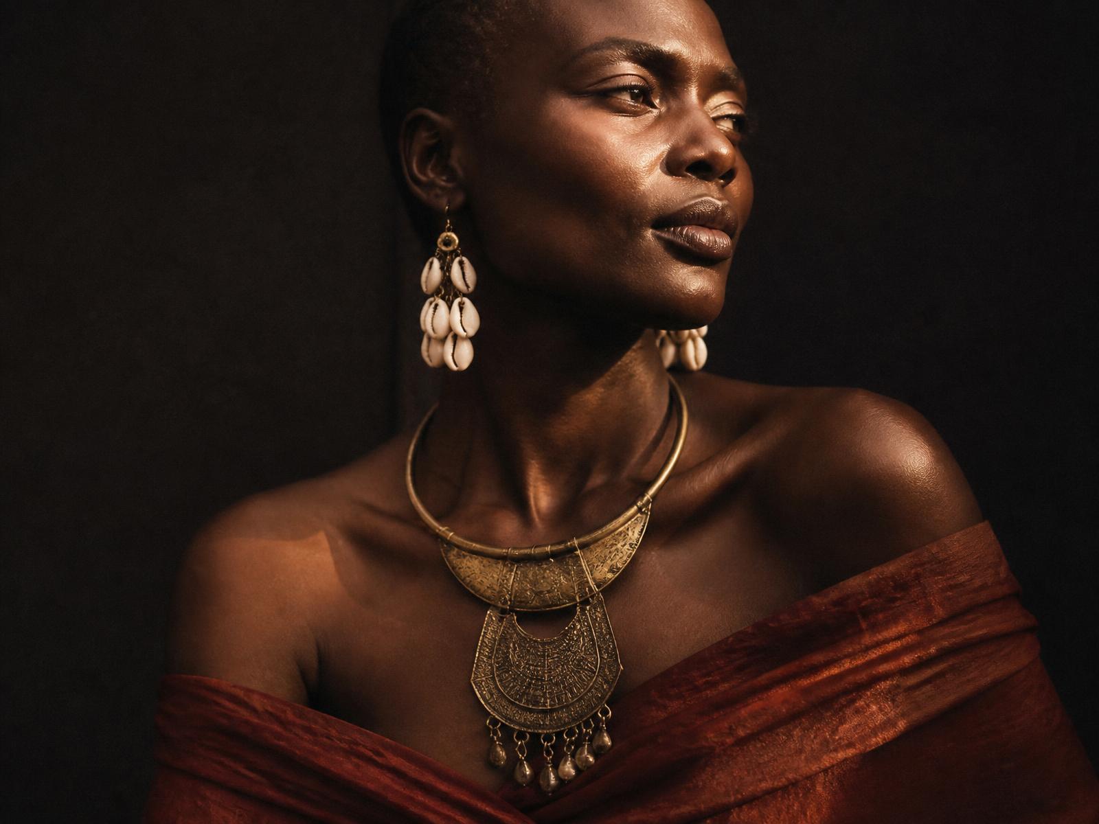 Model wearing a hand-hammered brass collar and cowrie shell earrings